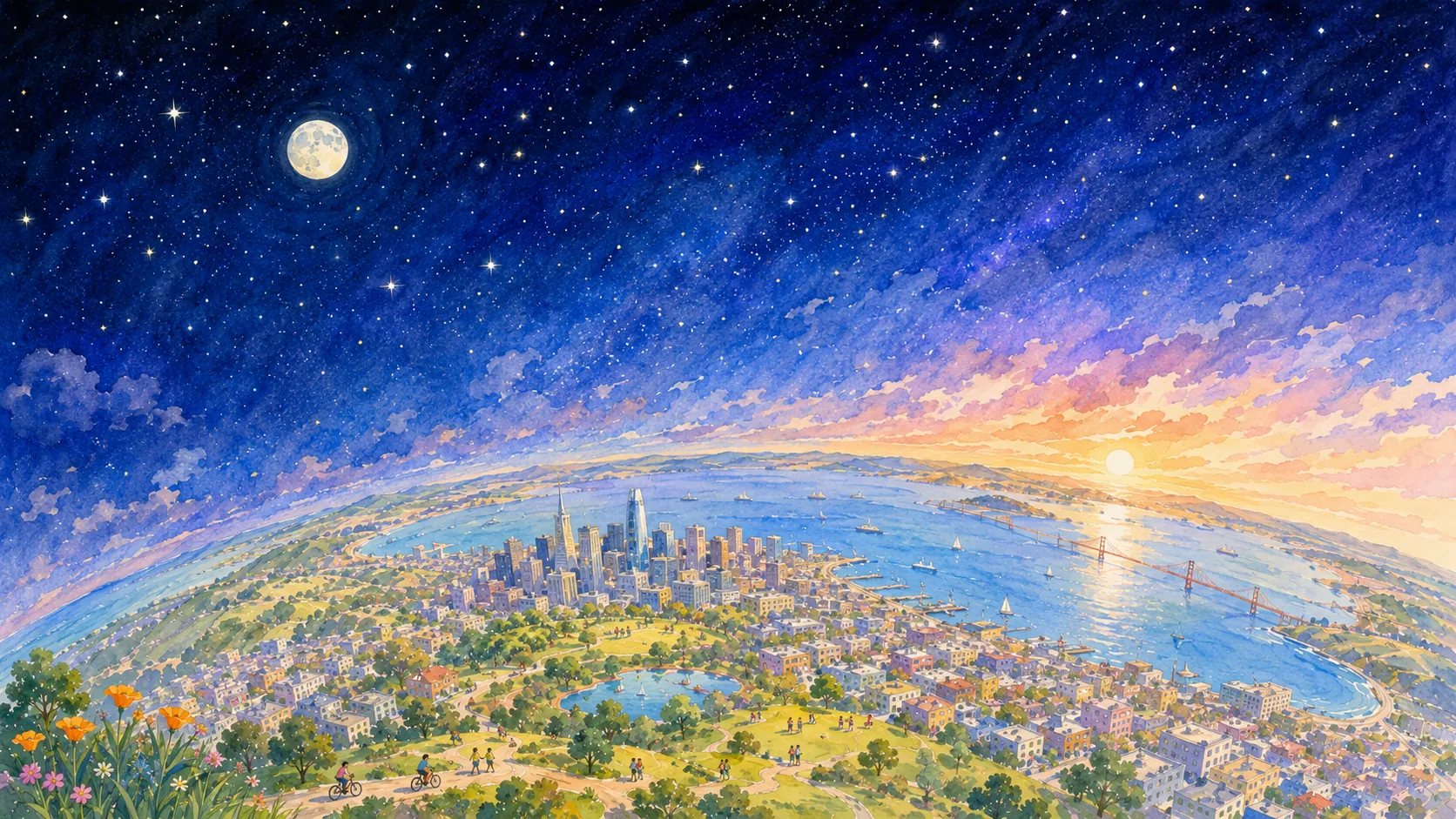 A city seen from above at dusk: a starry night on one side, daybreak on the other.